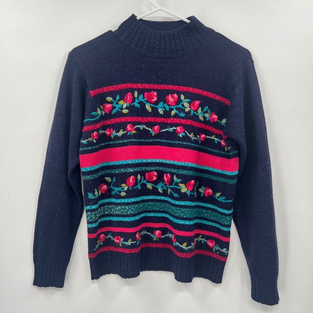 Alfred Dunner S Mock Neck Sweater Womens Navy Blue Good Floral Stripe Wool Blend